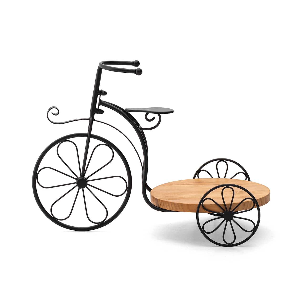 Glitzhome® 18" Black Metal Tricycle Planter Stand with Solid Wood Tray